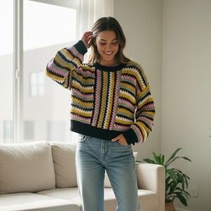 VERSONA Striped Cropped Sweater Yellow Pink Black White Knit - Size M